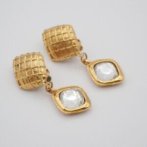 CHANEL Matelasse Diamond Shape Drop Earrings Rhinestone Clip-On Gold